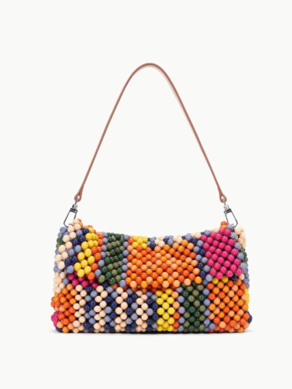 STAUD Multicolor Beaded Shoulder Bag with Tan Leather Strap